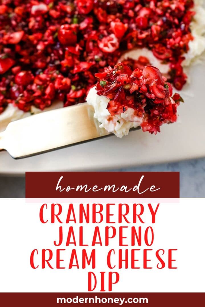 This Cranberry Jalapeno Cream Cheese Dip is a festive appetizer that is creamy, tart, a tad spicy, and sweet. This Cranberry Jalapeno Dip is made with fresh cranberry salsa atop cream cheese. It is the perfect holiday party appetizer!