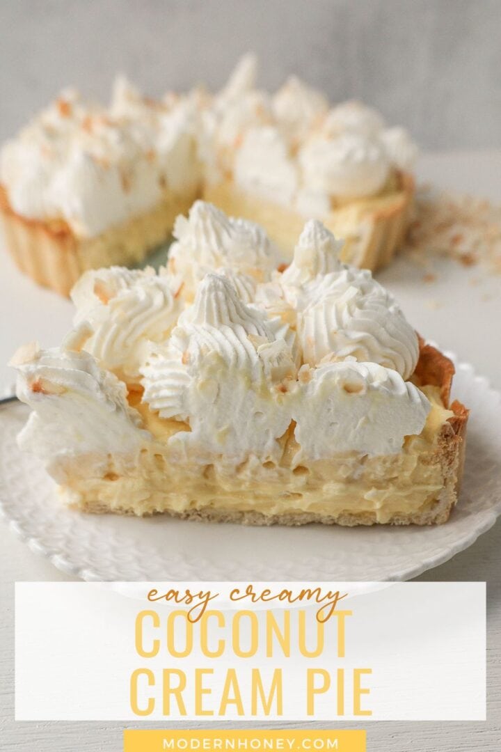 Easy Homemade Coconut Cream Pie made with pudding mix, sweetened condensed milk, whole milk, whipped cream, and sweetened shredded coconut all in a buttery pie crust and topped with sweet whipped cream. This is the best coconut cream pie recipe!