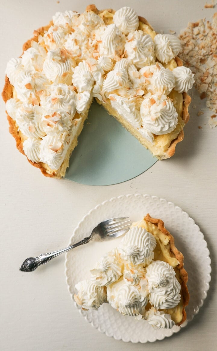 Easy Homemade Coconut Cream Pie made with pudding mix, sweetened condensed milk, whole milk, whipped cream, and sweetened shredded coconut all in a buttery pie crust and topped with sweet whipped cream. This is the best coconut cream pie recipe!