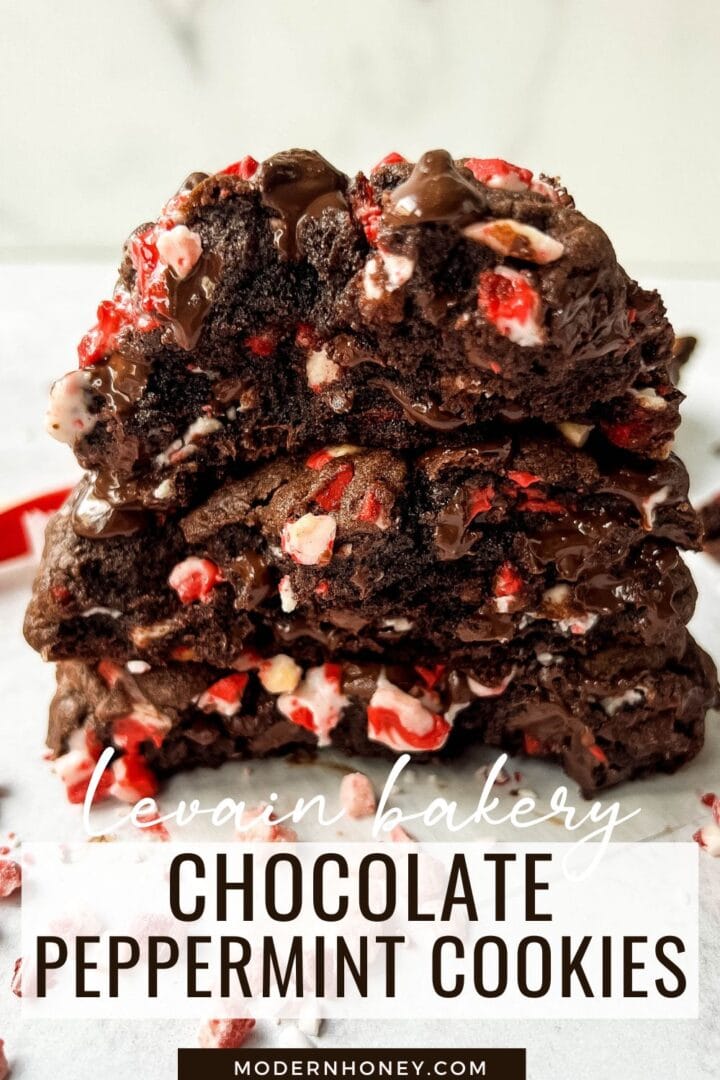 Thick, soft, chewy bakery-style chocolate peppermint cookie recipe. This Levain Bakery Chocolate Peppermint Cookie is made with a rich double chocolate cookie and peppermint chips. The perfect Christmas cookie recipe!