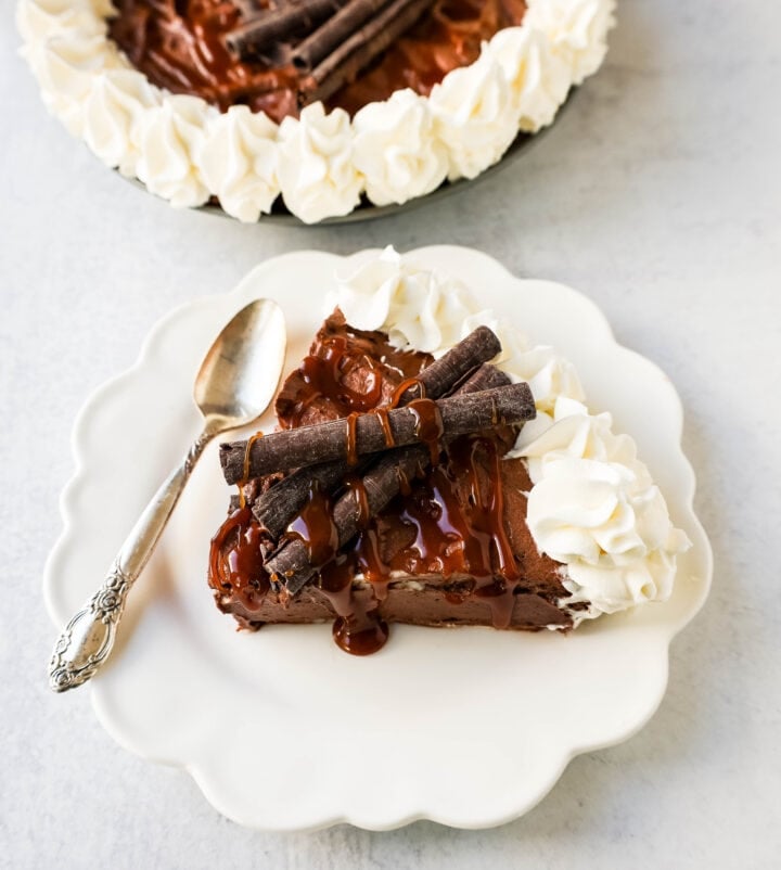 Mexican Chocolate Cream Pie is made with a graham cracker and almond crust filled with Mexican chocolate cream filling and topped with fresh whipped cream. This Mexican Chocolate Pie recipe is from the famous Elote Cafe in Sedona Arizona.