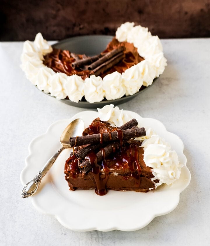 Mexican Chocolate Cream Pie is made with a graham cracker and almond crust filled with Mexican chocolate cream filling and topped with fresh whipped cream. This Mexican Chocolate Pie recipe is from the famous Elote Cafe in Sedona Arizona.