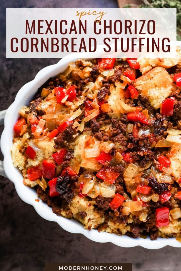 Mexican Chorizo Cornbread Stuffing made with cornbread tossed with sauteed peppers and onions, Mexican chorizo, chipotle peppers, chicken broth, cream, and spices. The most flavorful stuffing you will ever try!Mexican Chorizo Cornbread Stuffing made with cornbread tossed with sauteed peppers and onions, Mexican chorizo, chipotle peppers, chicken broth, cream, and spices. The most flavorful stuffing you will ever try!