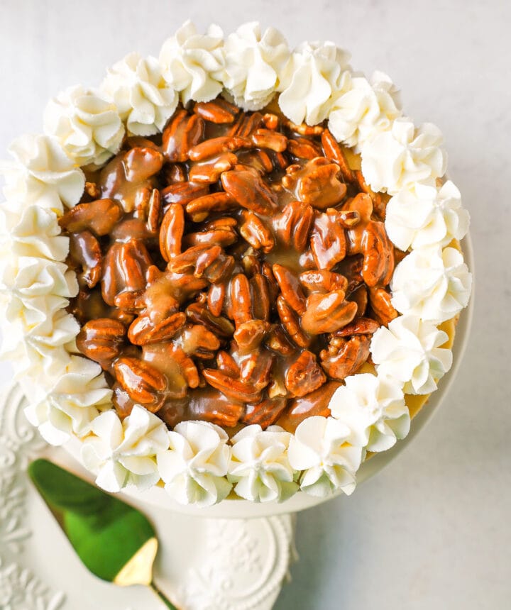 This Pecan Cheesecake is a rich, creamy homemade cheesecake topped with decadent brown sugar pecan praline sauce. This Pecan Praline Cheesecake combines pecan pie and cheesecake into one perfect pecan dessert!