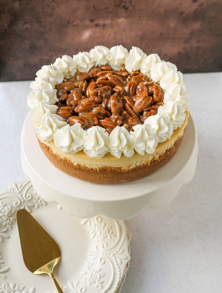 This Pecan Cheesecake is a rich, creamy homemade cheesecake topped with decadent brown sugar pecan praline sauce. This Pecan Praline Cheesecake combines pecan pie and cheesecake into one perfect pecan dessert!