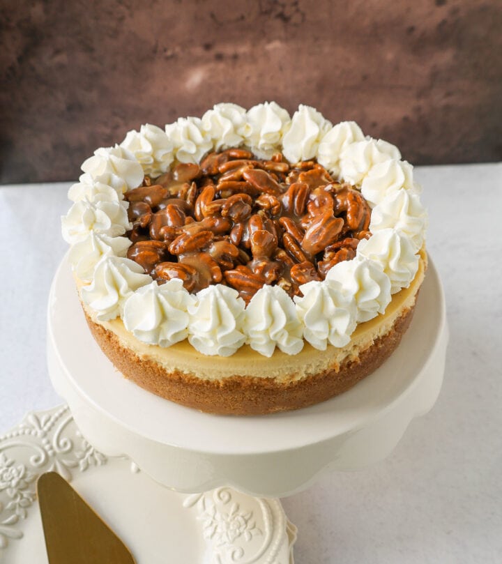 This Pecan Cheesecake is a rich, creamy homemade cheesecake topped with decadent brown sugar pecan praline sauce. This Pecan Praline Cheesecake combines pecan pie and cheesecake into one perfect pecan dessert!