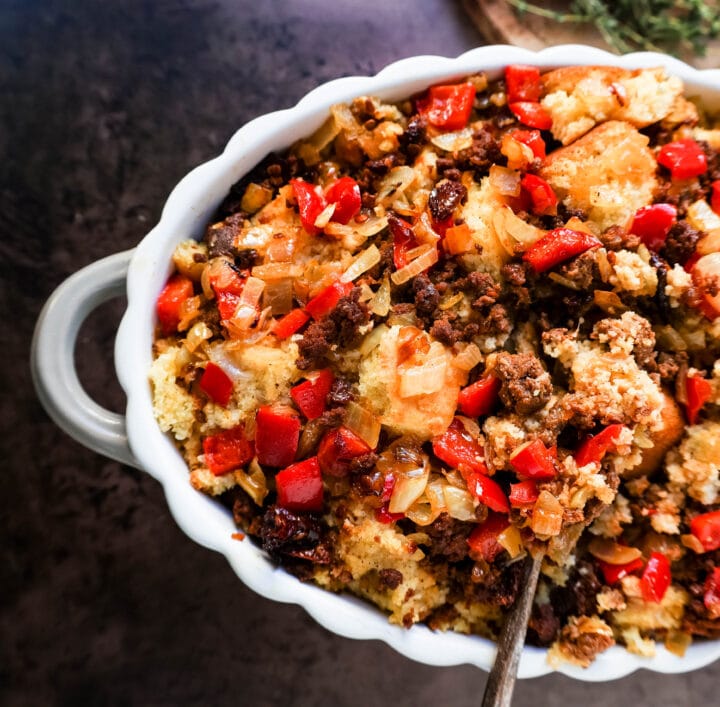 Mexican Chorizo Cornbread Stuffing made with cornbread tossed with sauteed peppers and onions, Mexican chorizo, chipotle peppers, chicken broth, cream, and spices. The most flavorful stuffing you will ever try!Mexican Chorizo Cornbread Stuffing made with cornbread tossed with sauteed peppers and onions, Mexican chorizo, chipotle peppers, chicken broth, cream, and spices. The most flavorful stuffing you will ever try!