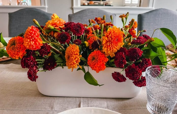 Thanksgiving Floral Arrangement. Floral Centerpiece for Thanksgiving Table. Trader Joe's flowers for Fall centerpiece.