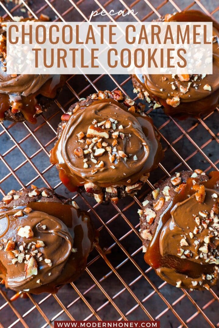 Chocolate Caramel Pecan Turtle Cookies made with a chewy chocolate cookie rolled in pecans and topped with caramel and melted chocolate. The best turtle cookie recipe!