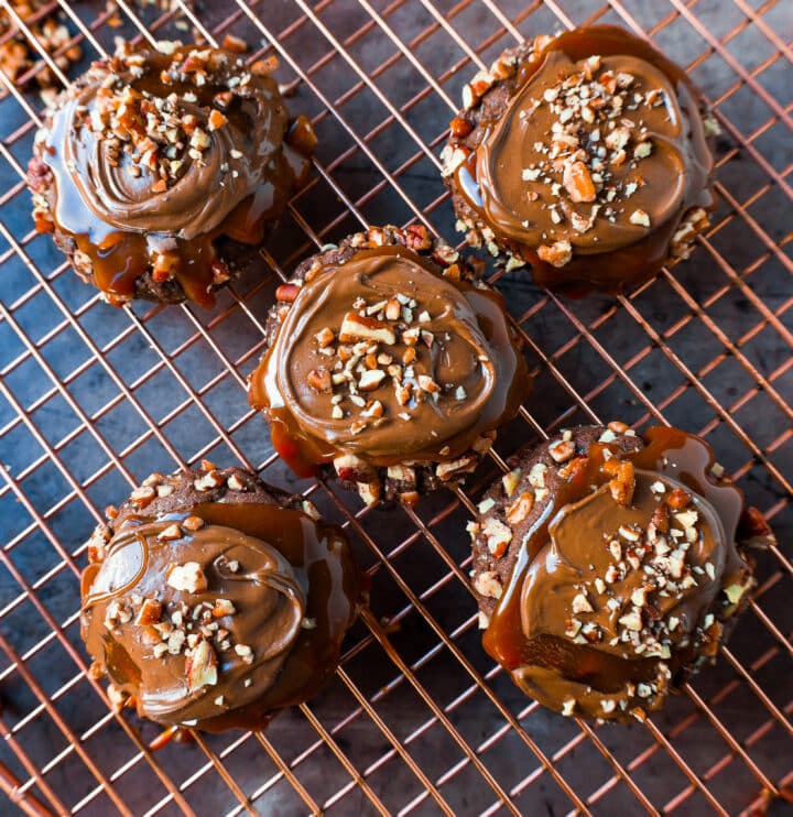 Chocolate Caramel Pecan Turtle Cookies made with a chewy chocolate cookie rolled in pecans and topped with caramel and melted chocolate. The best turtle cookie recipe!