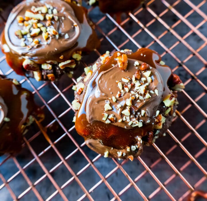 Chocolate Caramel Pecan Turtle Cookies made with a chewy chocolate cookie rolled in pecans and topped with caramel and melted chocolate. The best turtle cookie recipe!