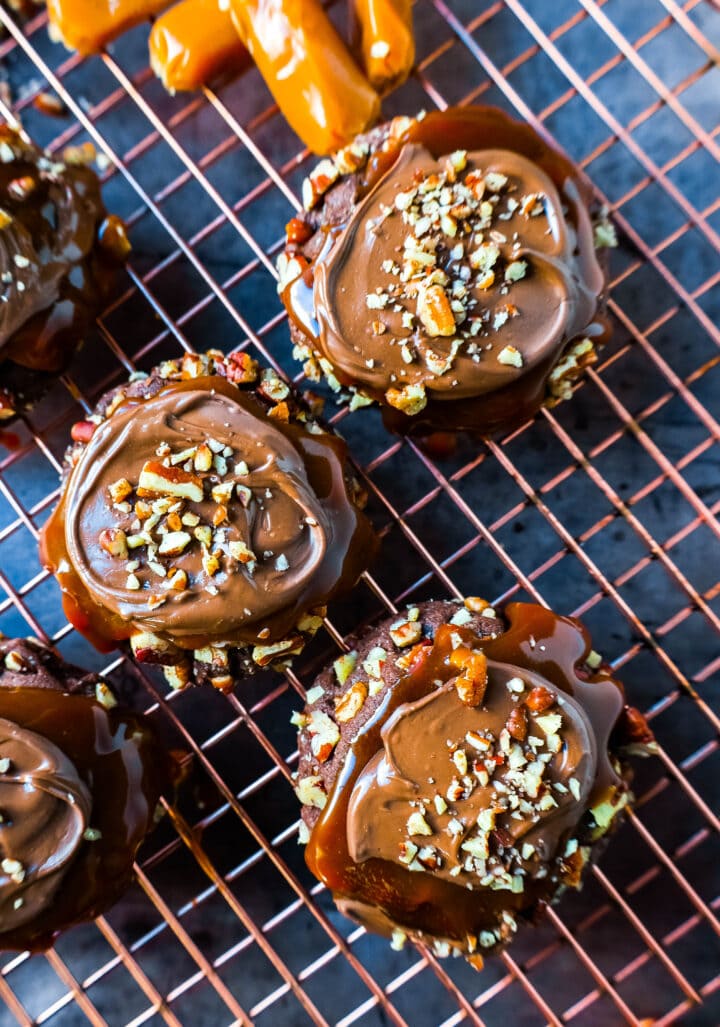 Chocolate Caramel Pecan Turtle Cookies made with a chewy chocolate cookie rolled in pecans and topped with caramel and melted chocolate. The best turtle cookie recipe!