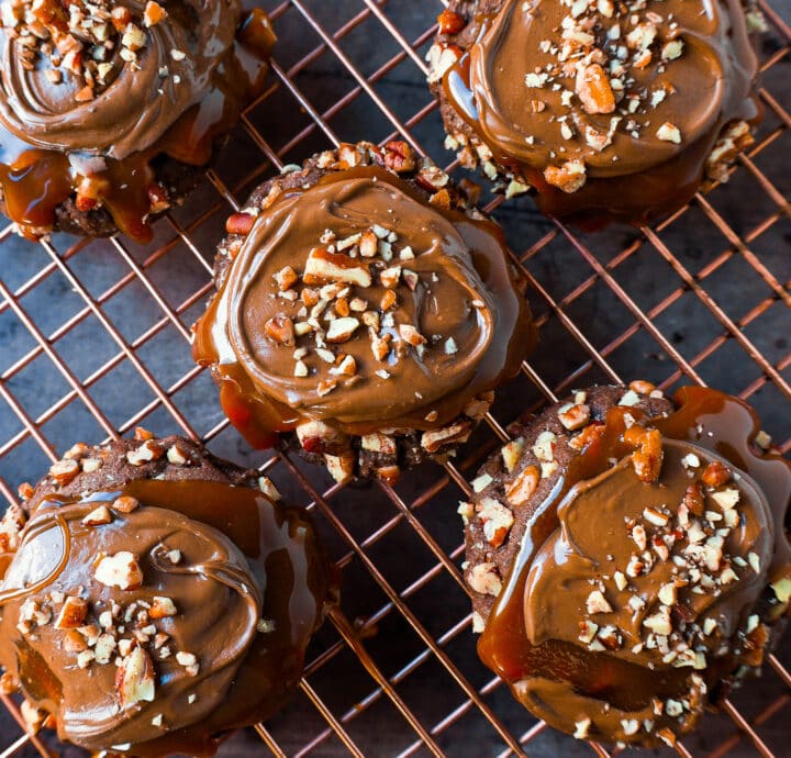 Chocolate Caramel Pecan Turtle Cookies made with a chewy chocolate cookie rolled in pecans and topped with caramel and melted chocolate. The best turtle cookie recipe!