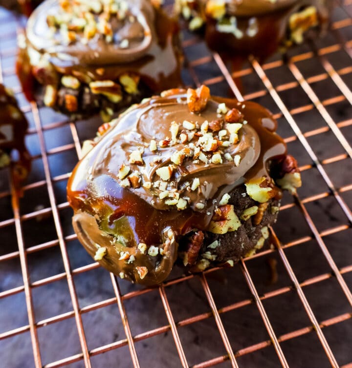 Chocolate Caramel Pecan Turtle Cookies made with a chewy chocolate cookie rolled in pecans and topped with caramel and melted chocolate. The best turtle cookie recipe!