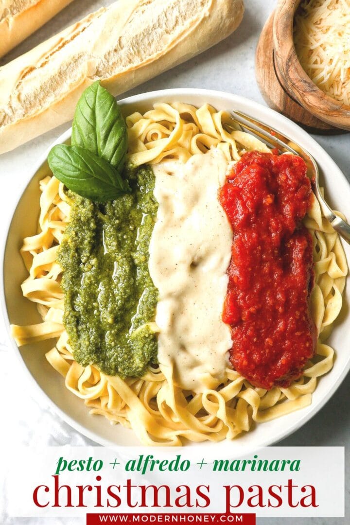 This Christmas Pasta is made with three popular sauces -- alfredo sauce, marinara sauce, and pesto sauce -- all tossed together with pasta. This Alfredo, Marinara, and Pesto Sauce Pasta is a surefire hit!