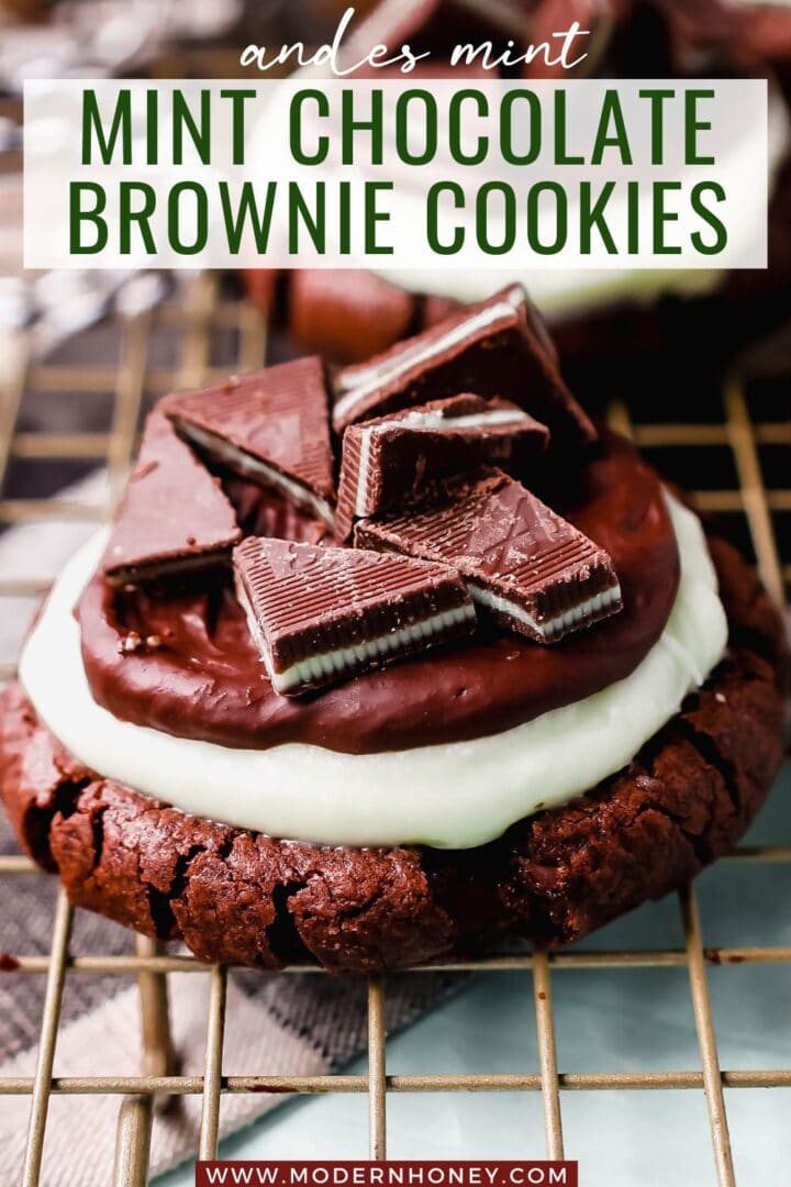 Frosted Mint Chocolate Brownie Cookies are made with a chewy double chocolate cookie, topped with creamy mint frosting, chocolate ganache, and Andes mints. These Andes Mint Cookies are the perfect holiday mint chocolate cookie recipe!