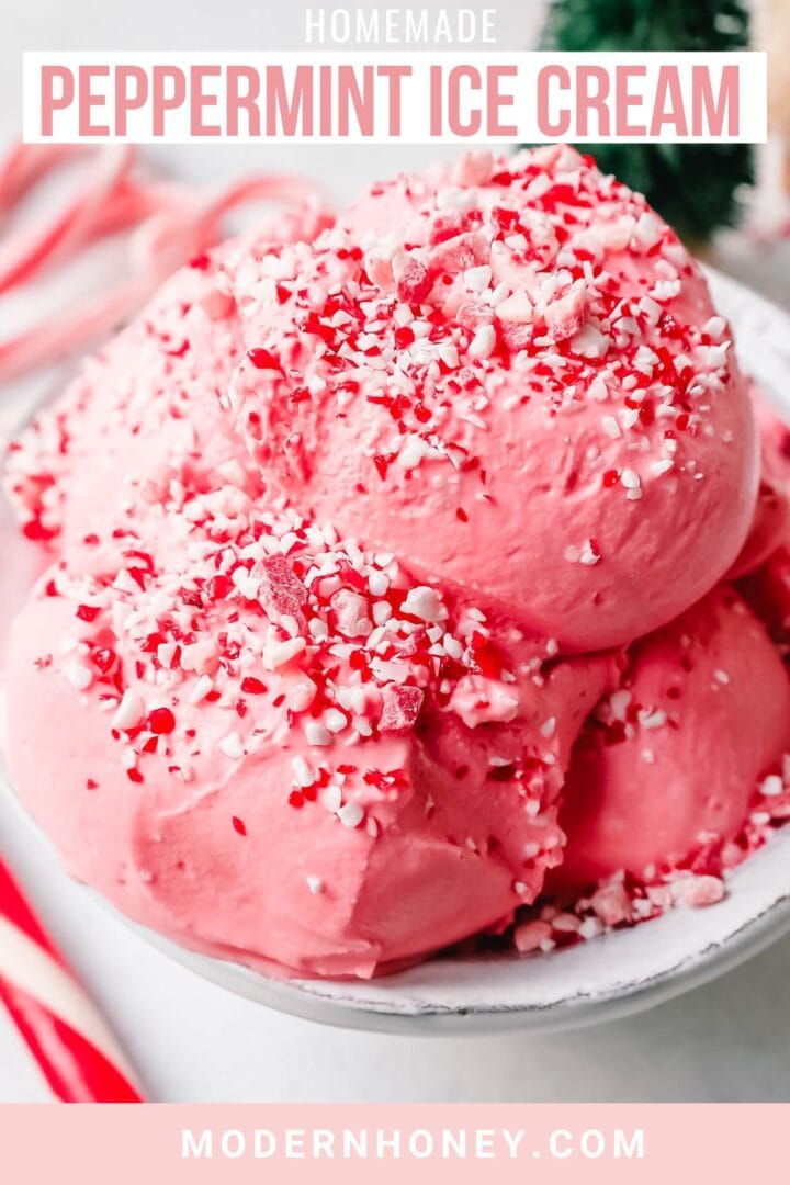 Creamy Homemade Peppermint Ice Cream made with heavy cream, milk, sugar, peppermint extract, and crushed candy canes (or peppermint bark for homemade peppermint bark ice cream). This is the best peppermint ice cream recipe!