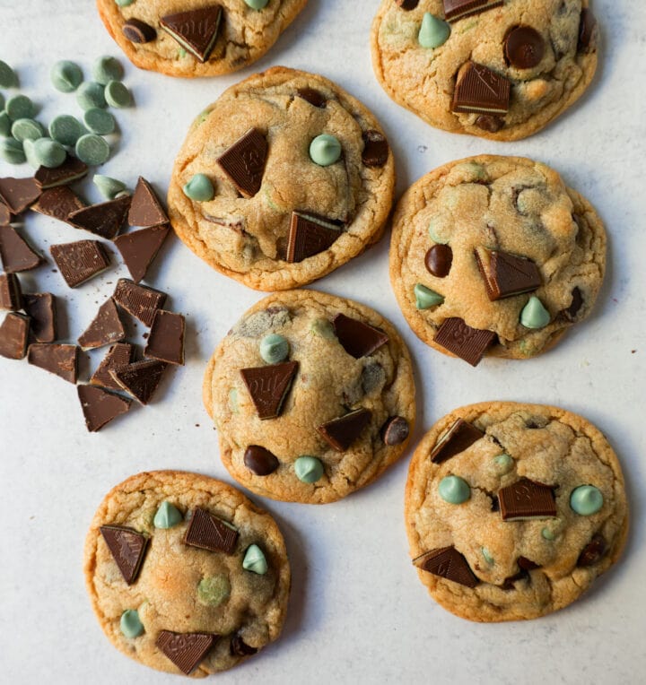 Soft, Chewy Mint Chocolate Chip Cookies are a classic chocolate chip cookie filled with mint chips, semi-sweet chocolate chips, and Andes chocolate mint chocolates. This is the best mint chocolate chip cookie recipe!