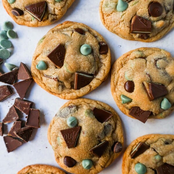 Soft, Chewy Mint Chocolate Chip Cookies are a classic chocolate chip cookie filled with mint chips, semi-sweet chocolate chips, and Andes chocolate mint chocolates. This is the best mint chocolate chip cookie recipe!