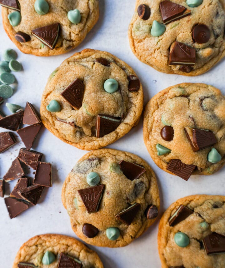 Soft, Chewy Mint Chocolate Chip Cookies are a classic chocolate chip cookie filled with mint chips, semi-sweet chocolate chips, and Andes chocolate mint chocolates. This is the best mint chocolate chip cookie recipe!