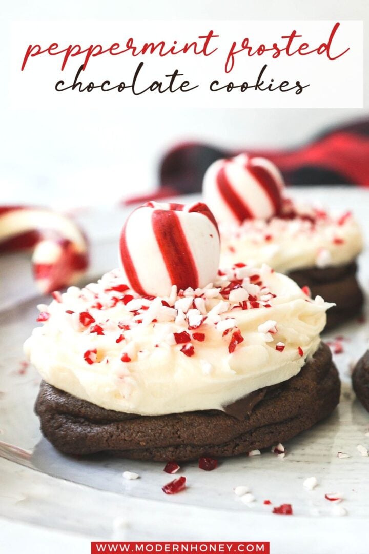 Soft, decadent chocolate cookies topped with homemade creamy peppermint frosting and crushed candy canes. The perfect peppermint frosted chocolate cookie recipe! A delicious peppermint and chocolate Christmas cookie.