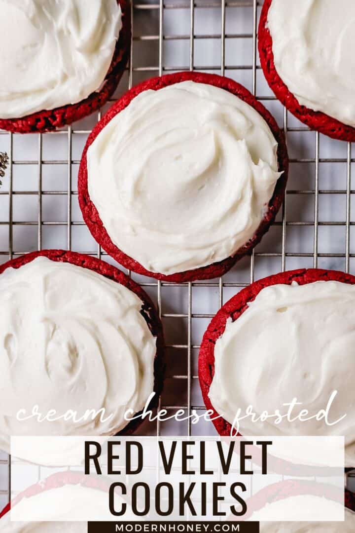 Soft, chewy homemade red velvet cookies topped with a sweet cream cheese frosting. A festive and delicious Christmas cookie recipe!