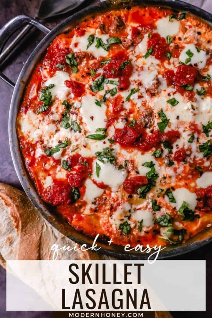 Quick, easy Skillet Lasagna made in 35 minutes is filled with bolognese meat sauce, ricotta parmesan cheese filling, mozzarella cheese, and fresh herbs. This is the best skillet lasagna recipe!