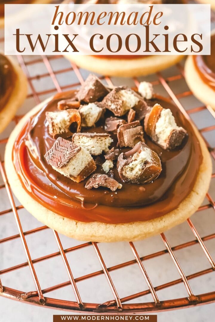 Twix Cookies made with soft sugar shortbread topped with rich caramel and milk chocolate and sprinkled with chopped Twix candy bars. These Millionaire Cookies are the best chocolate caramel shortbread cookie!