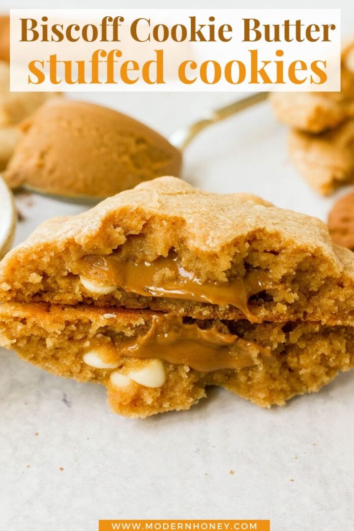 These Biscoff Cookies are filled with Biscoff cookie butter and white chocolate chips. You will love these soft, chewy cookies stuffed with caramelized cookie butter spread. 