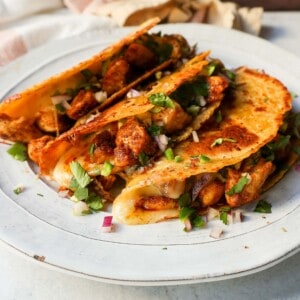 Chipotle Spiced Chicken Tacos with a cheese-filled tortilla and topped with fresh salsa. These easy chicken tacos are made in less than 20 minutes and are so popular!