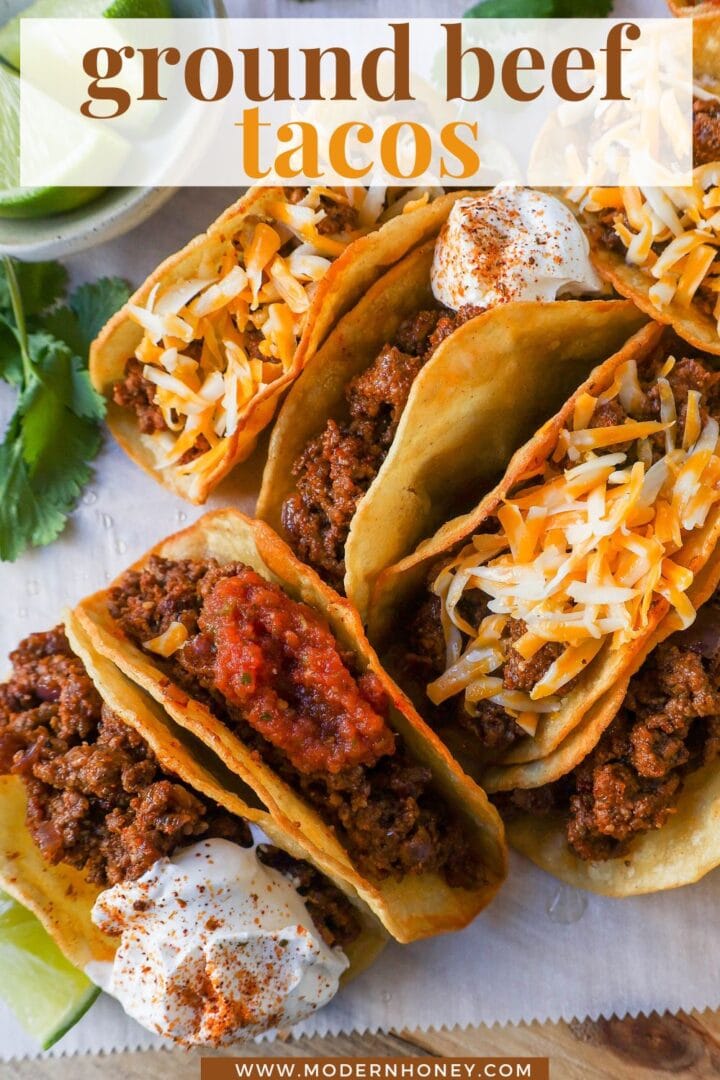  These homemade Ground Beef Tacos are made with spiced taco meat loaded into fried taco shells. Top with your favorite toppings for an easy 30-minute meal!