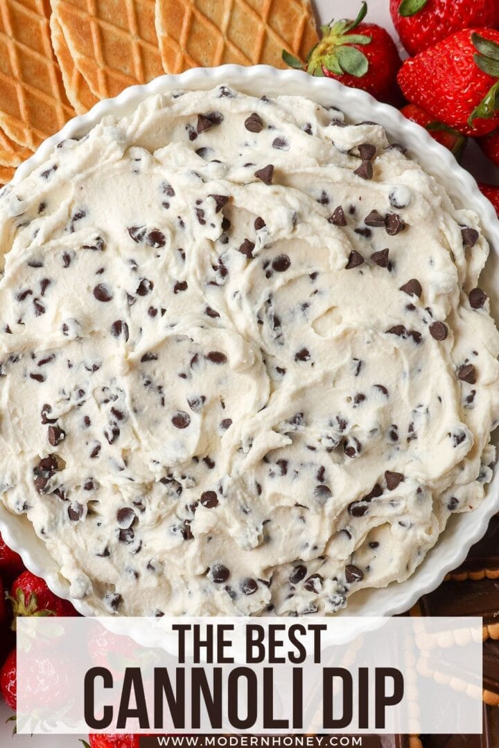 This is the Best Cannoli Dip Recipe made with ricotta cheese, mascarpone or cream cheese, powdered sugar, brown sugar, vanilla, and mini chocolate chips. 