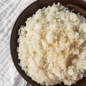 This Coconut Rice recipe is made with only five ingredients -- rice, coconut milk, water, sugar, and salt. It is the perfect savory side dish with a touch of coconut flavor.