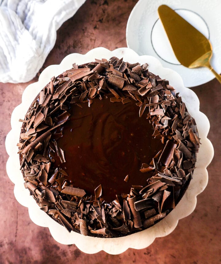 Rich decadent flourless chocolate cake recipe with chocolate ganache. This chocolate cake is a chocolate lover's dream! This naturally gluten-free chocolate cake is flour free and is so decadent!