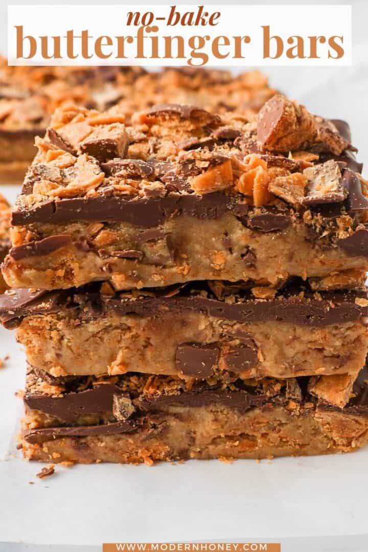 These Crunchy Butterfinger Bars are made with graham crackers, sweetened condensed milk, melted butter, Butterfinger candy bars, and topped with milk chocolate. These are the perfect creamy and crunchy peanut butter chocolate Butterfinger bars!