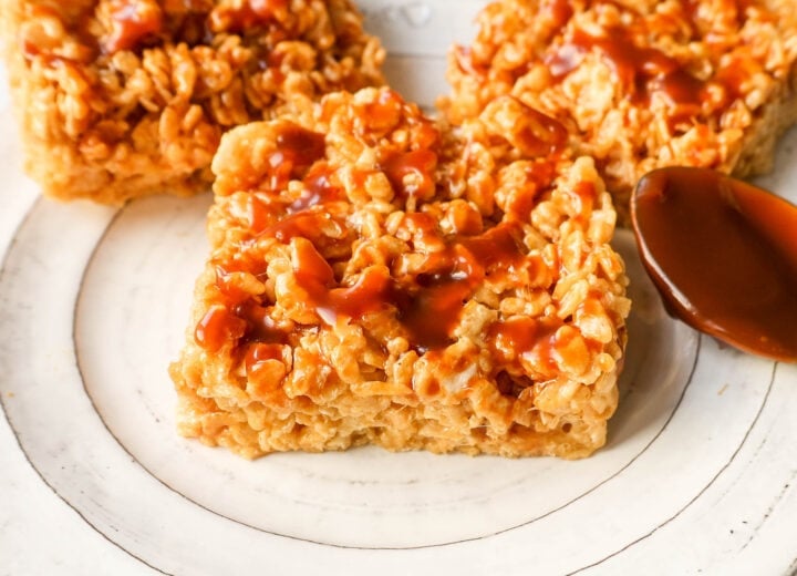 Ooey Gooey Salted Caramel Rice Krispies Treats are made with butter, marshmallows, Rice Krispies cereal, and salted caramel. This is the best caramel rice krispies treats recipe!