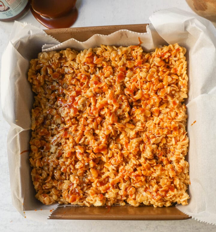 Ooey Gooey Salted Caramel Rice Krispies Treats are made with butter, marshmallows, Rice Krispies cereal, and salted caramel. This is the best caramel rice krispies treats recipe!