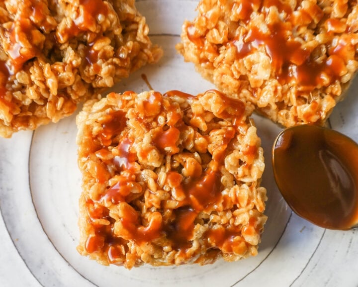 Ooey Gooey Salted Caramel Rice Krispies Treats are made with butter, marshmallows, Rice Krispies cereal, and salted caramel. This is the best caramel rice krispies treats recipe!