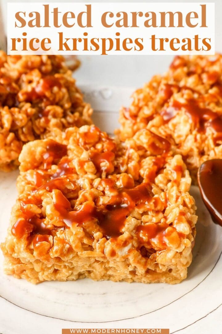 Ooey Gooey Salted Caramel Rice Krispies Treats are made with butter, marshmallows, Rice Krispies cereal, and salted caramel. This is the best caramel rice krispies treats recipe!