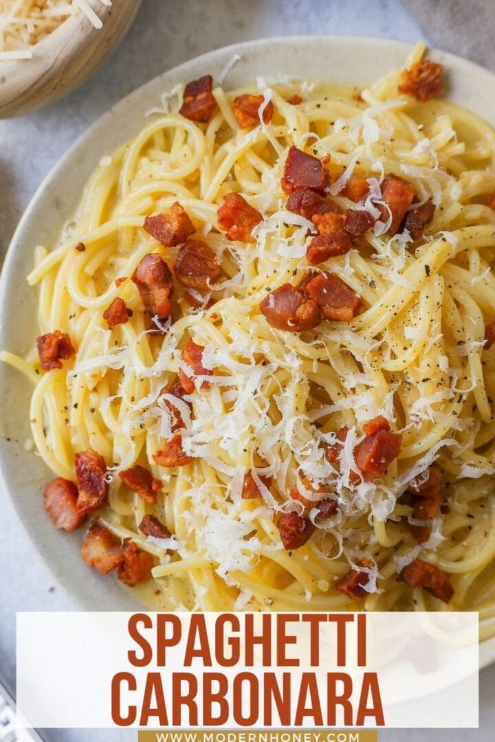 How to make the best spaghetti carbonara from scratch with only five ingredients. This homemade carbonara is made with nutty parmigiano reggiano cheese, pancetta, spaghetti, creamy egg yolks, and black pepper. This Italian carbonara is famous for good reason!