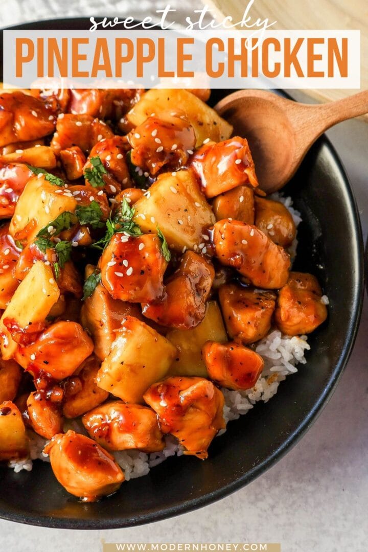 This Sticky Pineapple Chicken is made with chicken tossed in pineapple juice, sweet chili sauce, soy sauce, brown sugar, ginger, and fresh pineapple. This Hawaiian Chicken is perfectly sweet and sticky! 