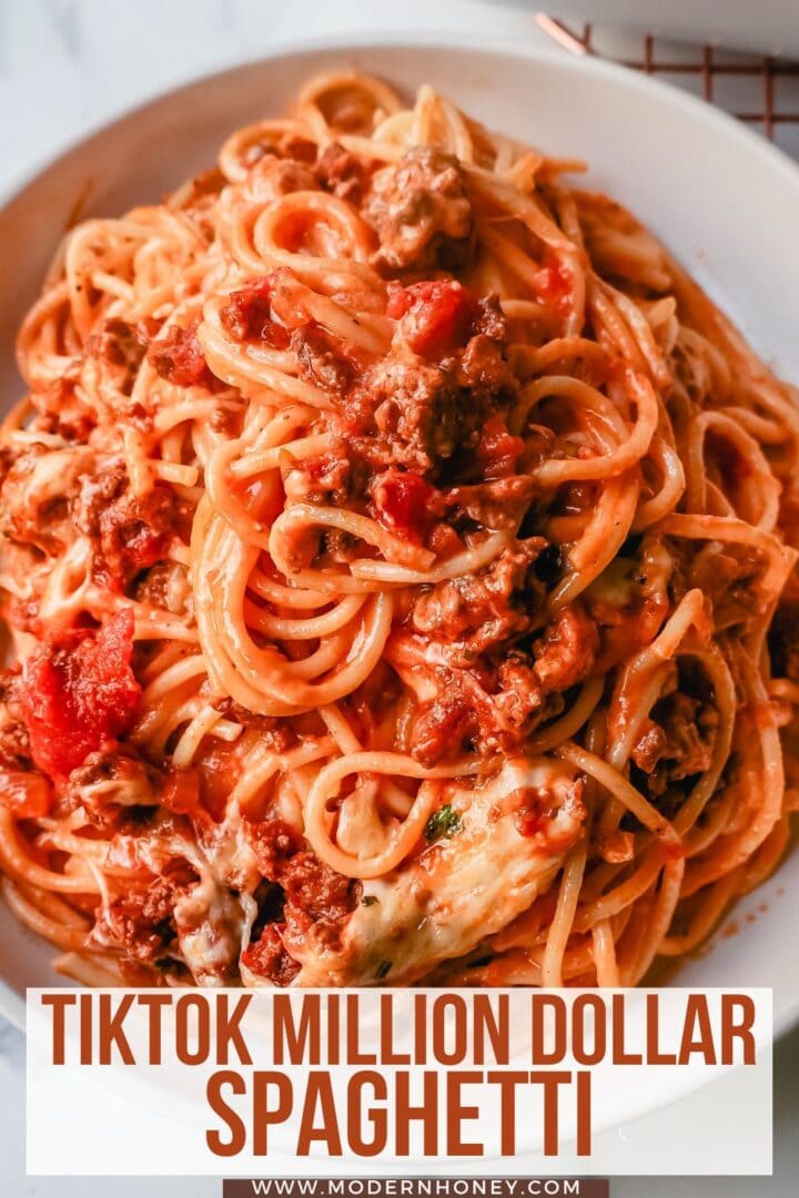 This Famous TikTok Million Dollar Spaghetti is made with a marinara meat sauce mixed with homemade alfredo sauce, tossed with spaghetti noodles, and baked with mozzarella cheese until bubbly. It is the best baked spaghetti recipe!