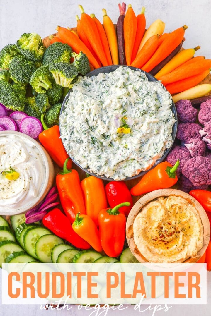 How to make a beautiful Crudite Platter with vegetables and dips. I am sharing my favorite veggie dip recipes, what vegetables to put on a veggie tray, and how to arrange one. It is so easy to make a stunning vegetable platter!