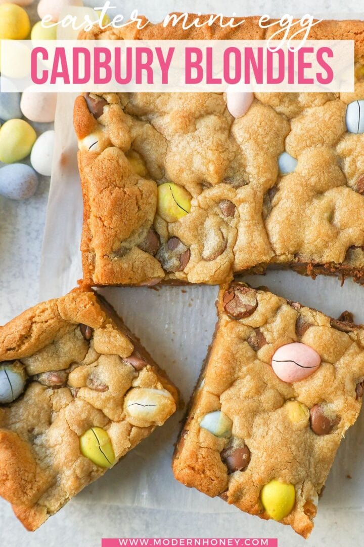 These Easter Cadbury Mini Eggs Blondies are chewy milk chocolate chip cookie bars filled with mini Cadbury eggs. These are the best mini egg blondies!