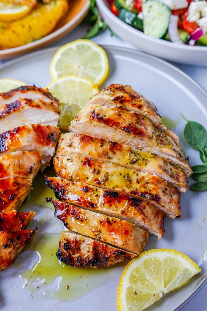 Juicy, flavorful Greek Chicken made with olive oil, lemon juice, garlic, oregano, and spices. This grilled Greek Chicken is moist and bursting with fresh flavors!
