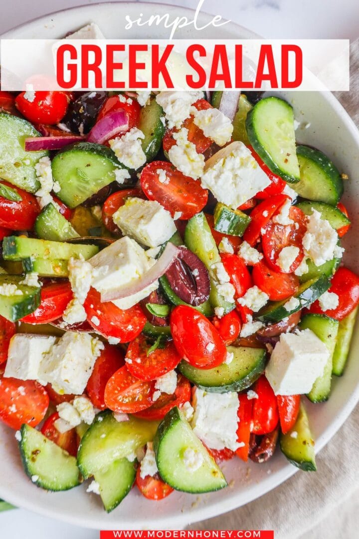 This simple Greek Salad is made with fresh tomatoes, cucumbers, red onion, kalamata olives, feta cheese, and all tossed with a homemade tangy Greek dressing. 