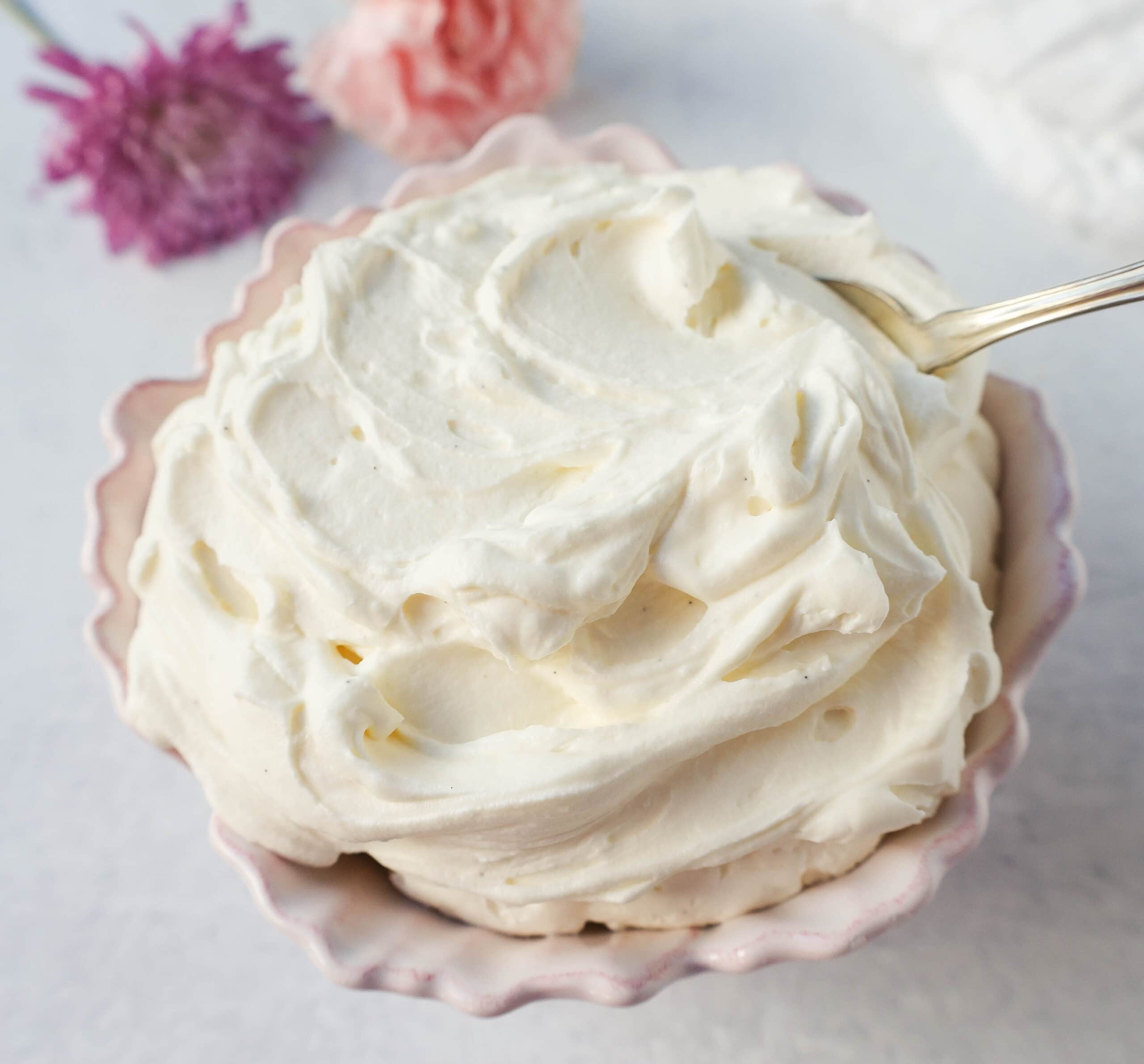 Creamy mascarpone cream is the most delicious and luxurious cake filling, dessert filling, or the perfect spread on any dessert. It is made with heavy cream, mascarpone cheese, powdered sugar, and vanilla or almond extract.