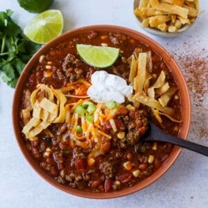 Quick and Easy 30-minute Taco Soup Recipe has all of the flavors of tacos made into a soup! 