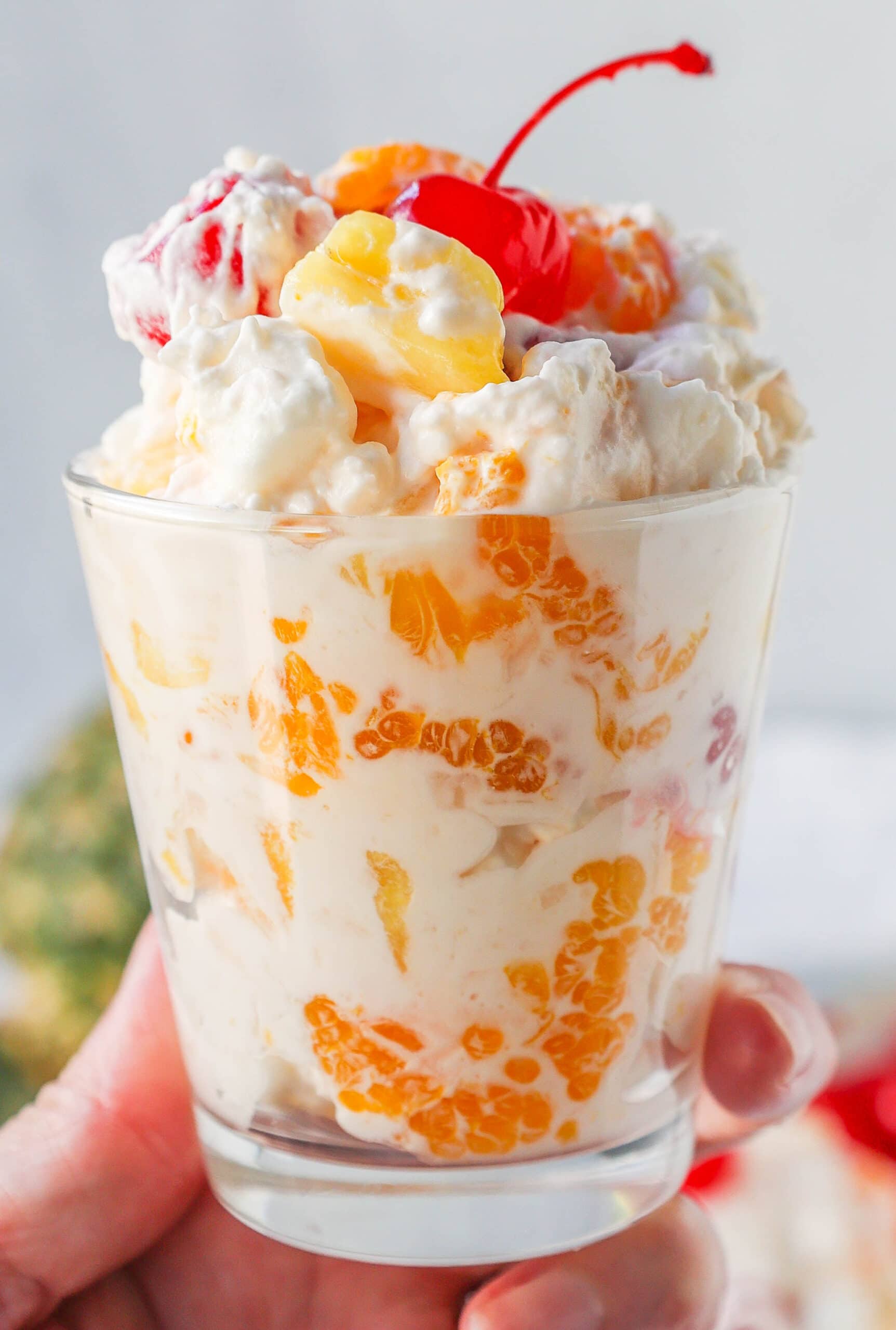 The Best Ambrosia Salad is a fluffy salad made with fresh pineapple, mandarin oranges, maraschino cherries, coconut, marshmallows, fresh whipped cream, a touch of sour cream, and sugar. This is a nostalgic, classic side dish or dessert recipe.