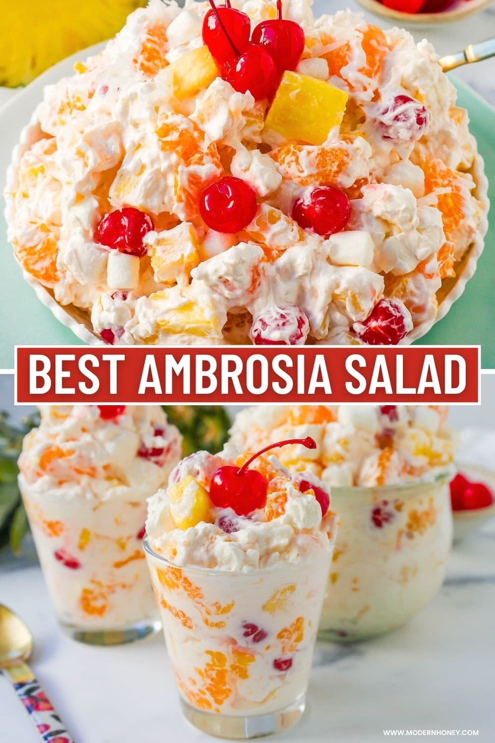 The Best Ambrosia Salad is a fluffy salad made with fresh pineapple, mandarin oranges, maraschino cherries, coconut, marshmallows, fresh whipped cream, a touch of sour cream, and sugar. This is a nostalgic, classic side dish or dessert recipe.